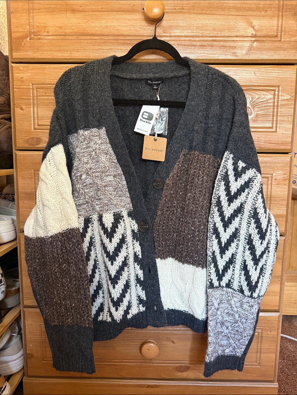 Buckle Patchwork Cable Knit Cardigan in Charcoal, Cream, Brown